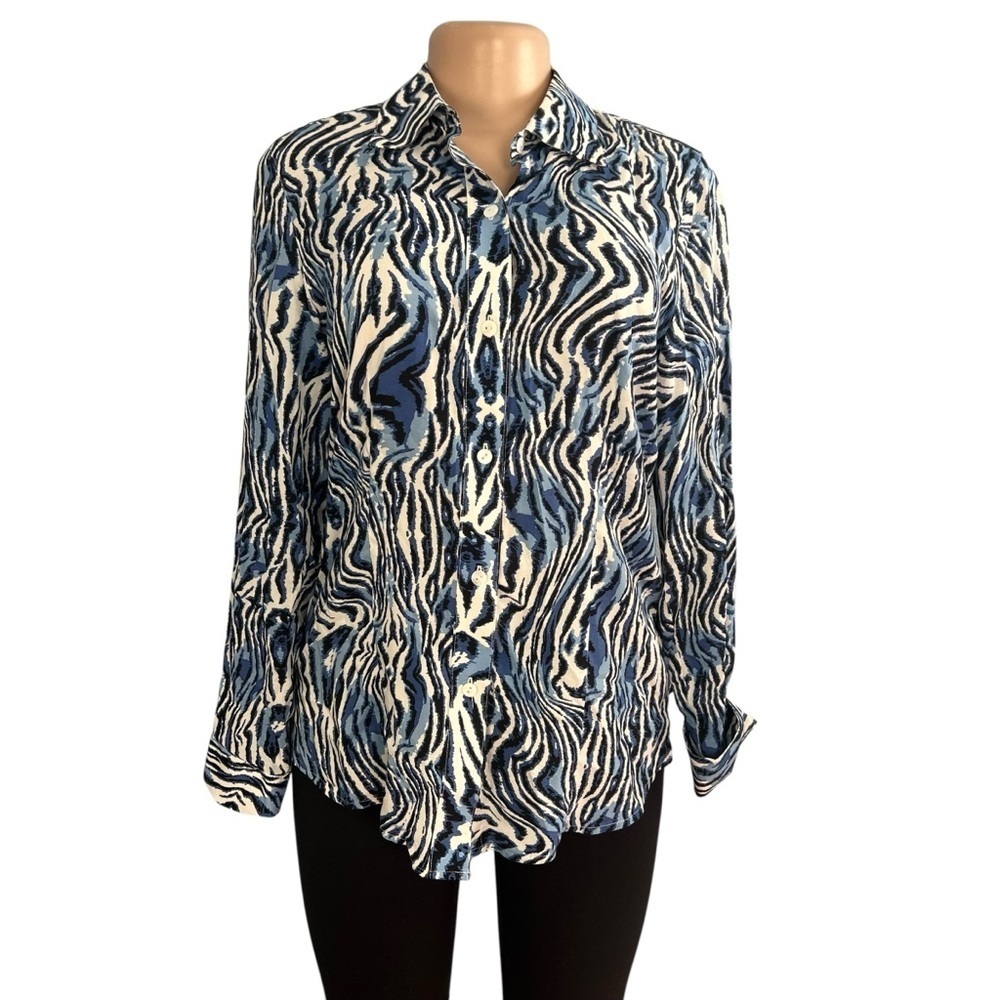 3/$30 ☀️ Foxcroft Blue and Black Zebra Print Button Down Top